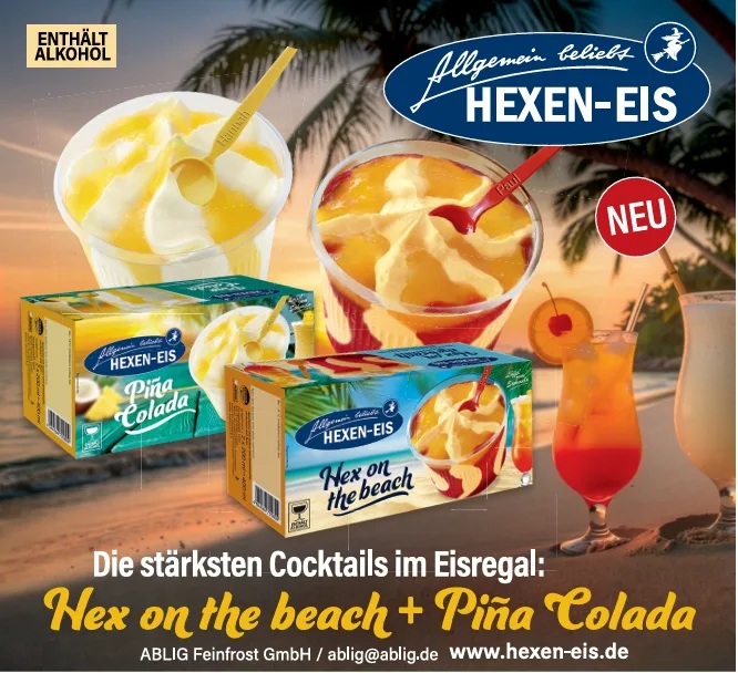 Titelbild: HEXEN-Eis: HEXEN-Becher: HEX on The Beach und Pina Colada