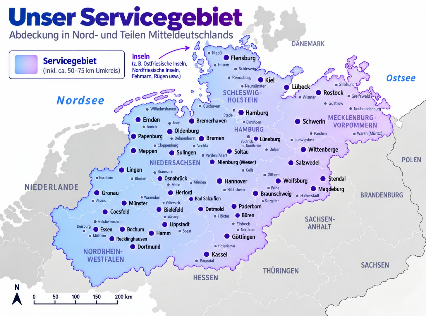 Übersichtskarte des CreativeShop-Servicegebiets in Nord- und Mitteldeutschland mit Städten von Emden bis Stralsund und von Dortmund bis Kassel